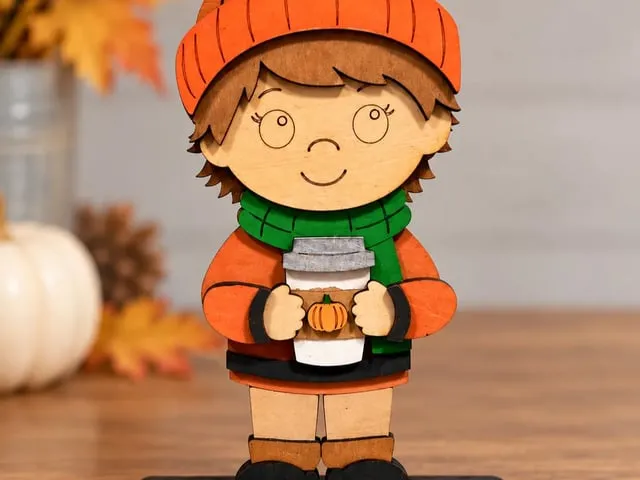 Shelf Sitter - Autumn Figurine Holding a Pumpkin Spice Coffee Cup