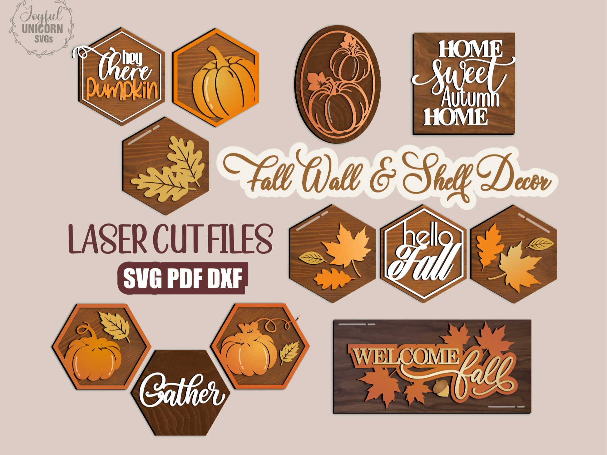 6 Fall Wall Signs Bundle SVG, Autumn Wooden Hanging , Tiered Tray Laser Cut File, Farmhouse Hexagon Shelf Decor, Glowforge, CNC File