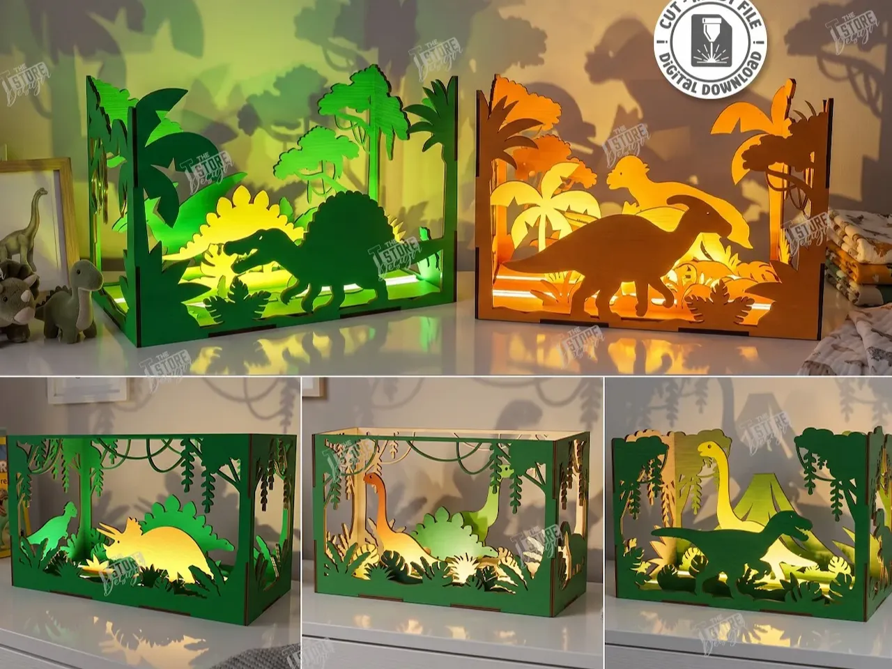 [Laser cut and engrave] Dinosaur Themed Layered Shadow Box Night Light for Kids Room Laser Cut Bundle
