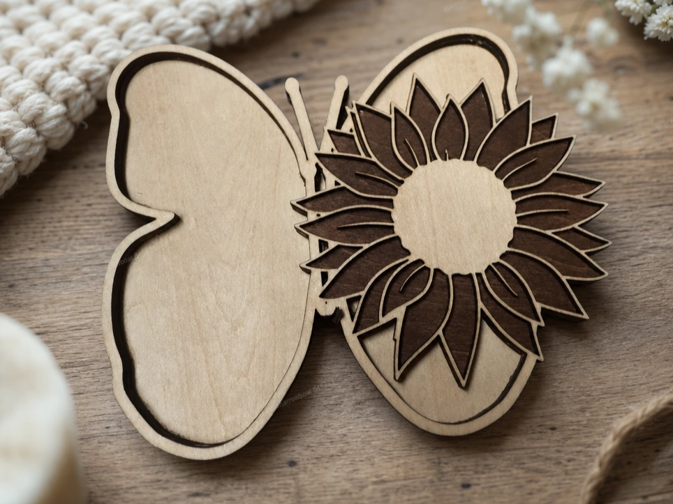 Wooden Butterfly Ornament with Sunflower Detail