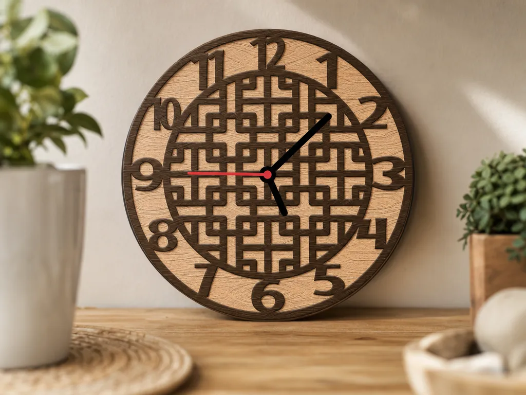 Round wall clock with geometric lattice pattern and large numerals