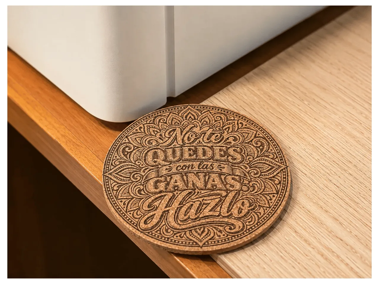 [Laser cut and engrave] Posavasos de corcho redondo con frase motivacional