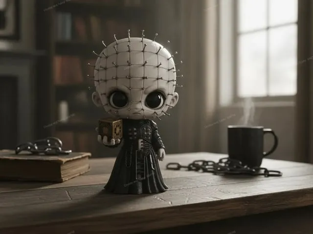 Chibi Pinhead figurine lamenting over Pandoras box