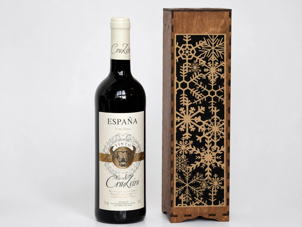 Wooden Wine Bottle Box with Snowflake Pattern