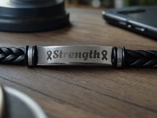 Braided Leather Bracelet with "Strength" and cancer ribbons