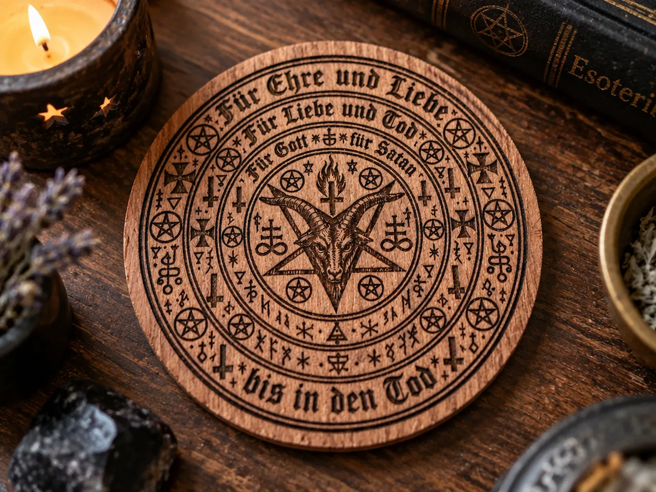[Laser cut and engrave] Runder Holzuntersetzer mit okkultem Baphomet Motiv und Runen