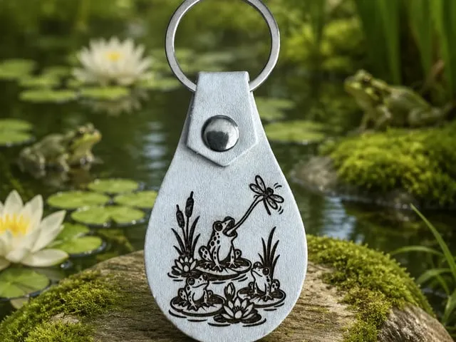 Playful Frogs Pond Leather Keychain