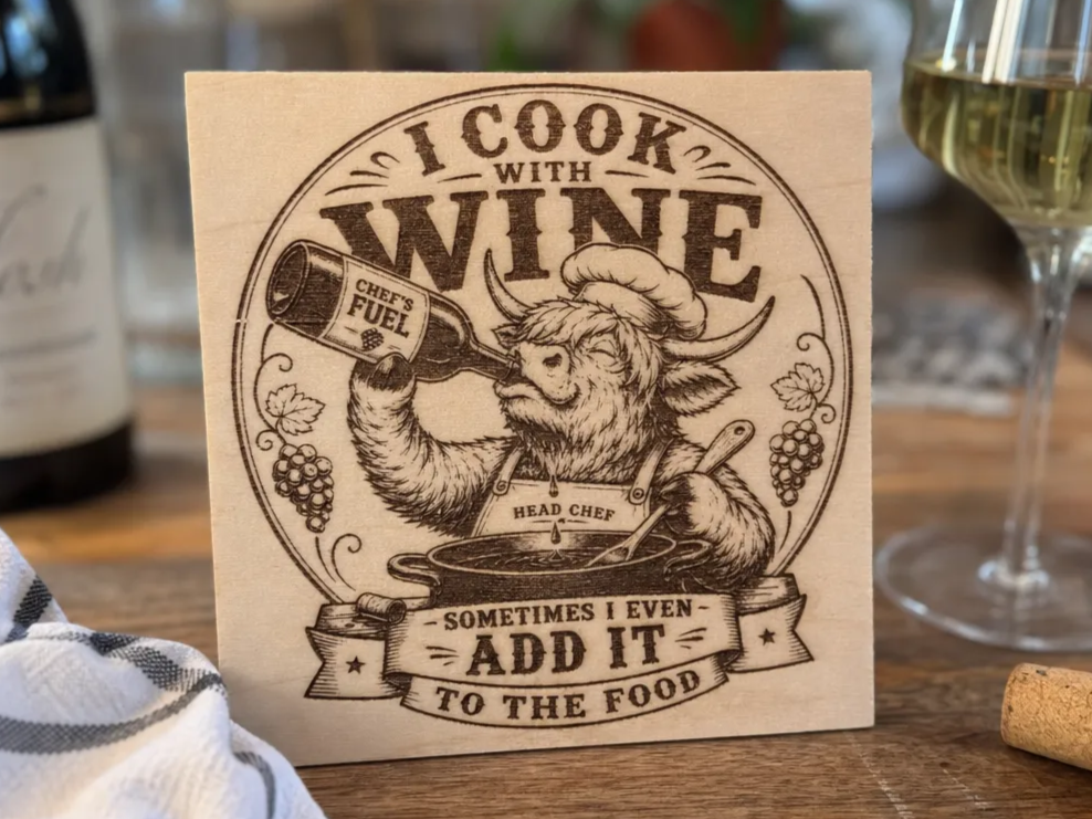 I Cook With Wine Highland Cow Kitchen Wall Sign