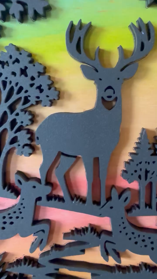 [Laser cut and engrave] Layered circular wall art featuring a deer family in a forest landscape