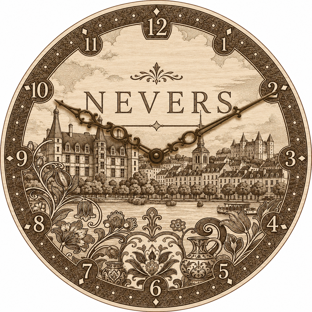 [Laser cut and engrave] Horloge murale illustrée avec vue panoramique de la ville de Nevers
