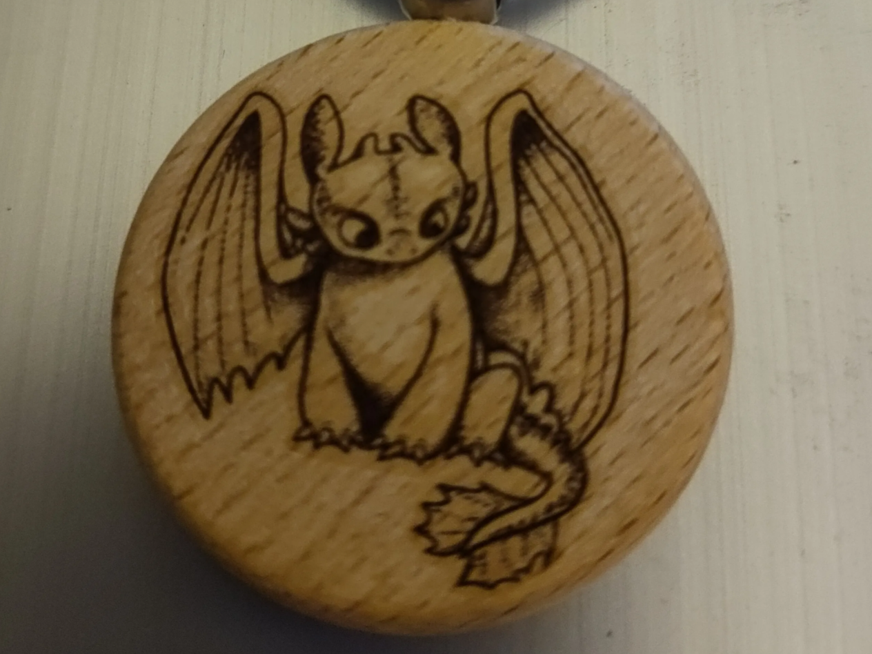 Round Wooden Keyring featuring Toothless Dragon Illustration
