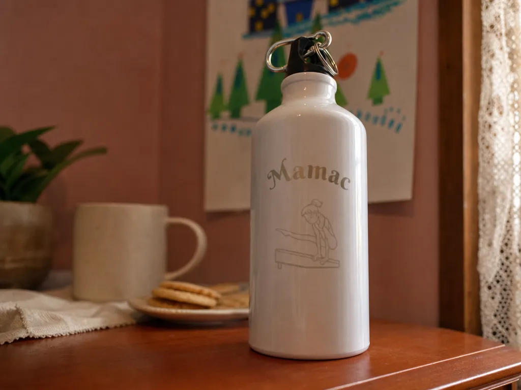Gourde blanche personnalisée avec motif de gymnaste et inscription Mamac