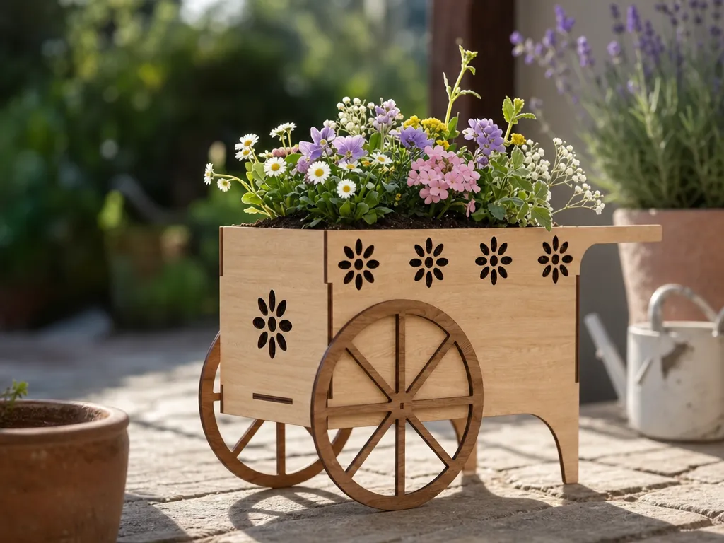 Wooden Flower Cart Planter with Floral Cutout Details Laser Cut File. Garden Decorations. Plant Holder. Outdoor Decor