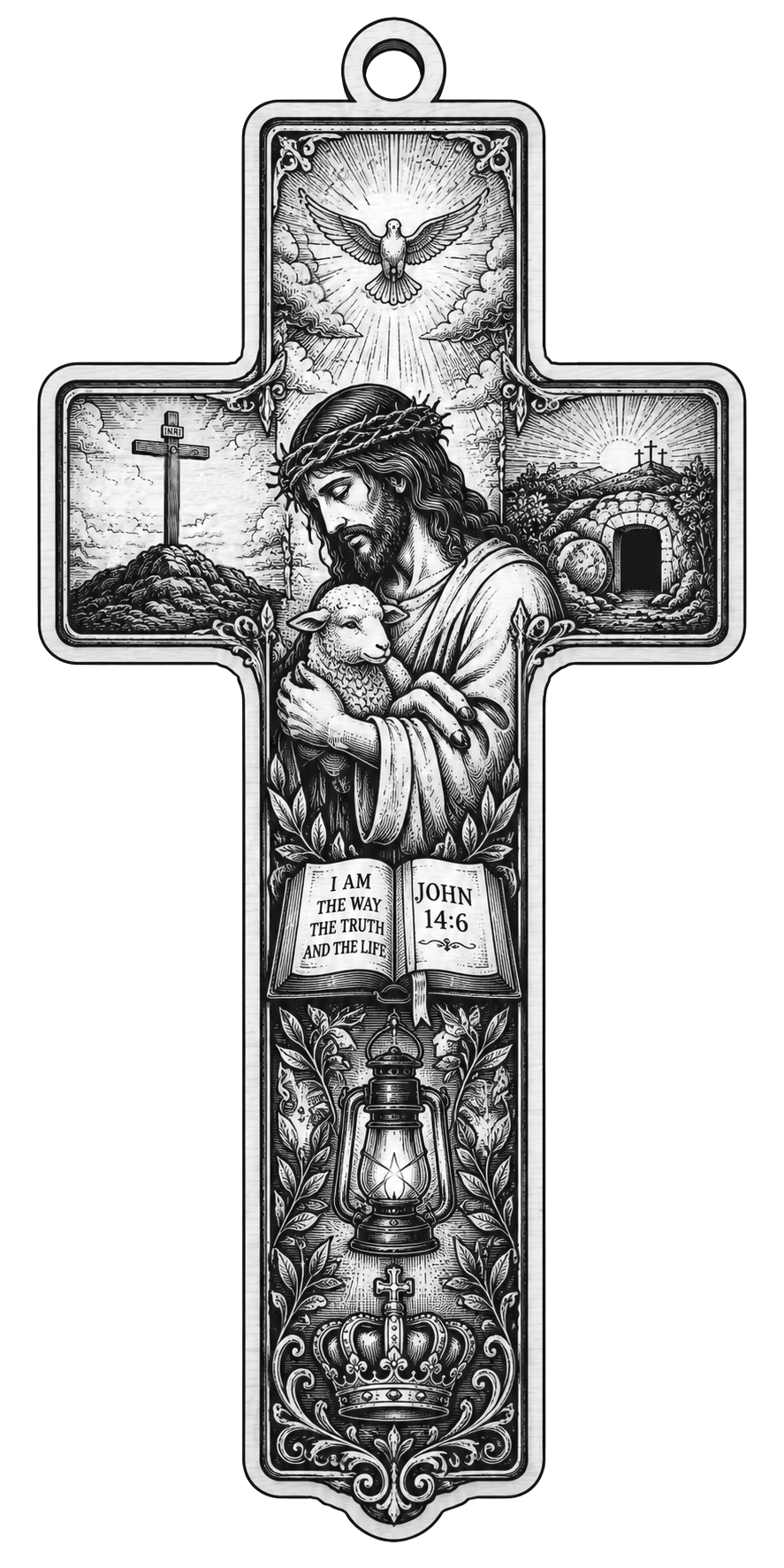 [Laser cut and engrave] Gold Jesus and Lamb Religious Cross Pendant Necklace