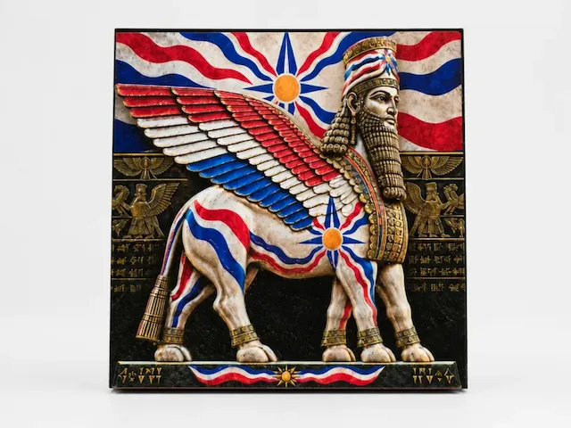 Wandbild mit assyrischem Lamassu Schutzgeist und mesopotamischer Symbolik