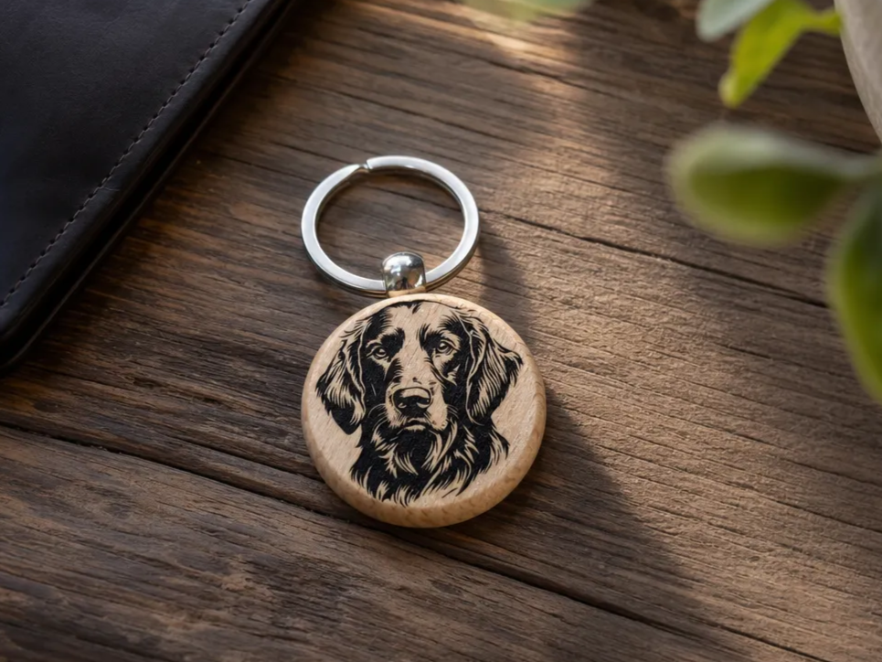 Round wooden keychain featuring a detailed alternative Irish Setter portrait