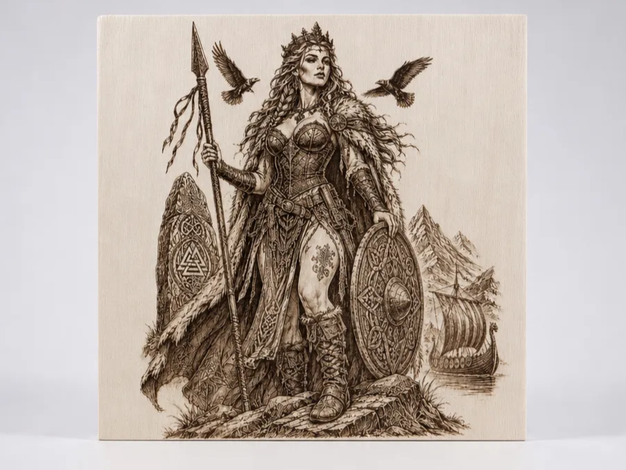 Viking Shieldmaiden Wood Engraving with Spear and Ravens