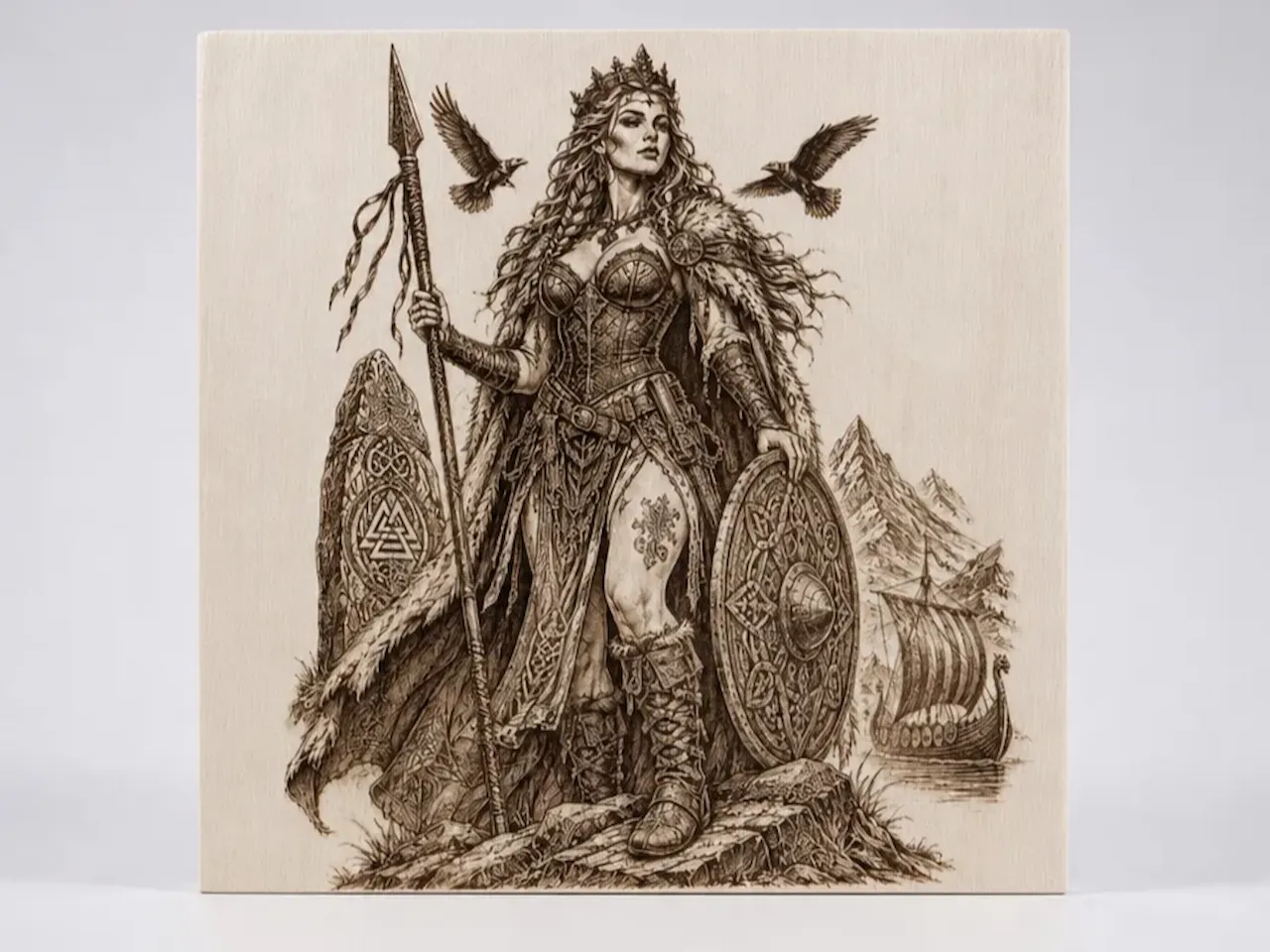 [Laser cut and engrave] Viking Shieldmaiden Wood Engraving with Spear and Ravens