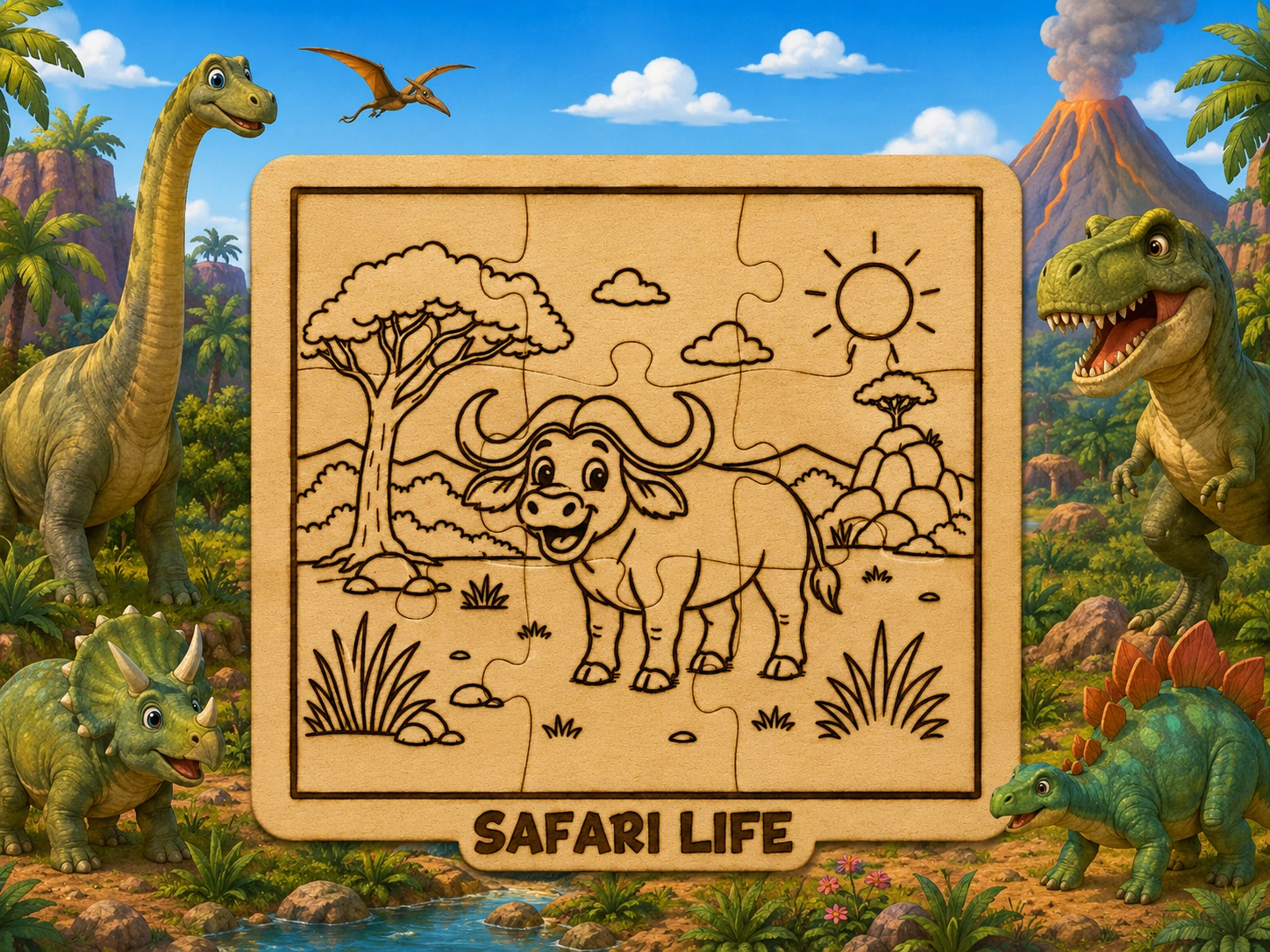 Safari Life Buffalo Puzzle SVG XCS | Cute Wooden Animal Puzzle for Kids | Laser Cut Educational Toy | Glowforge xTool Digital File
