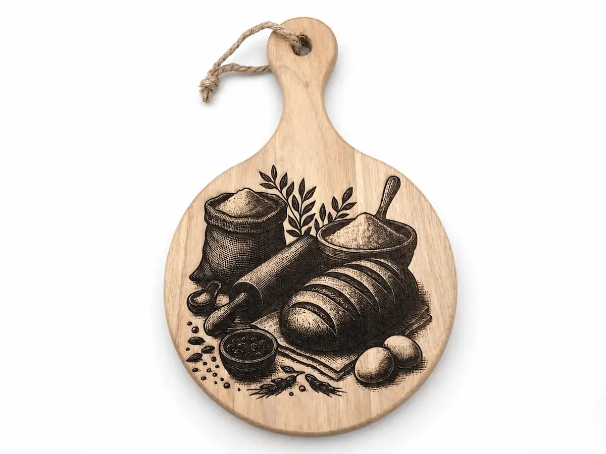 [Laser cut and engrave] Round Wooden Serving Board with Baking Ingredients Illustration