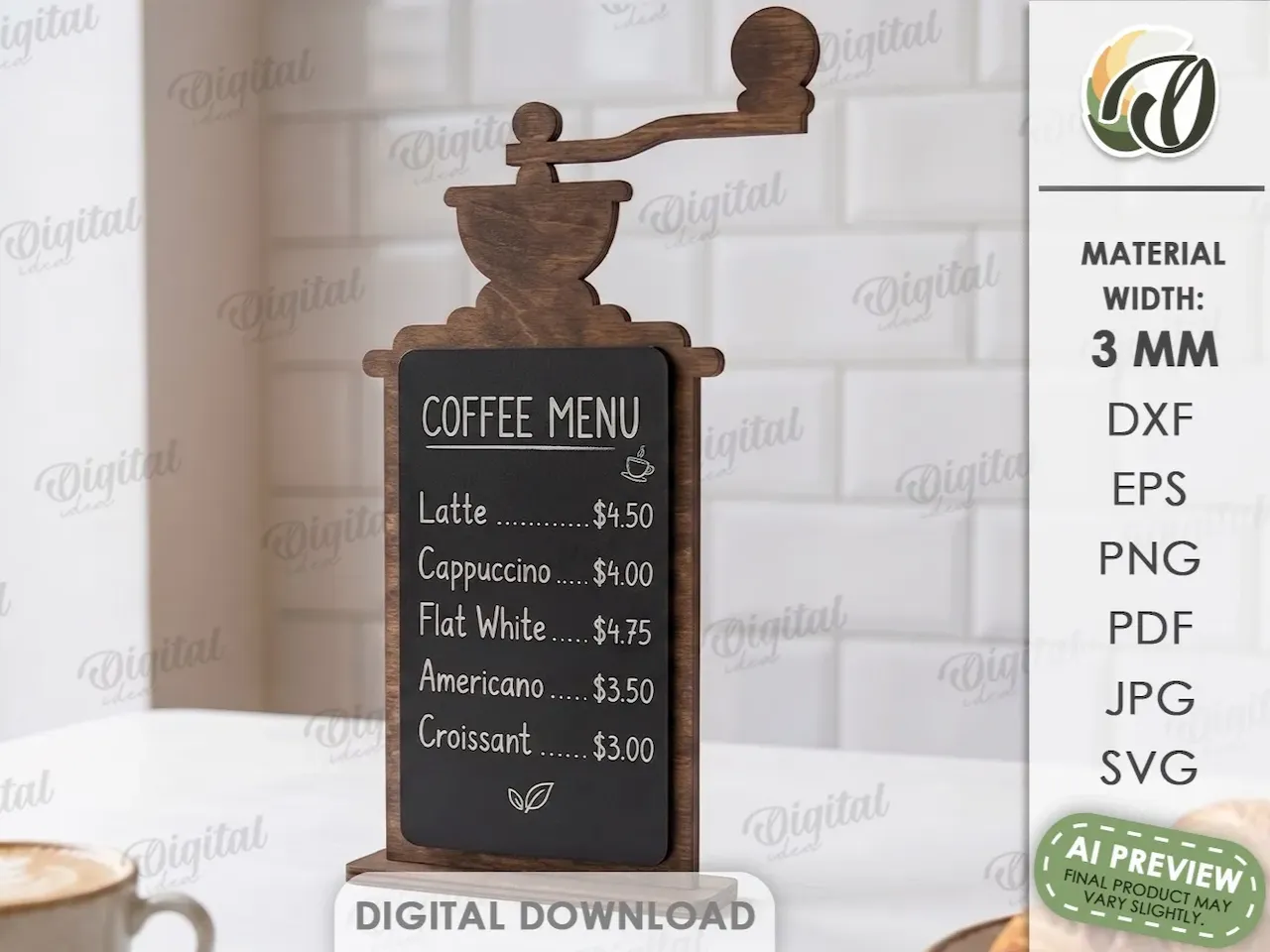 [Laser cut and engrave] Coffee Menu Sign Shaped Like a Vintage Coffee Grinder
