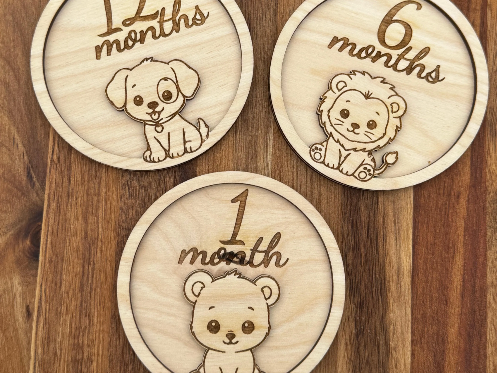 Wooden Baby Monthly Milestone Discs with Animal Illustrations