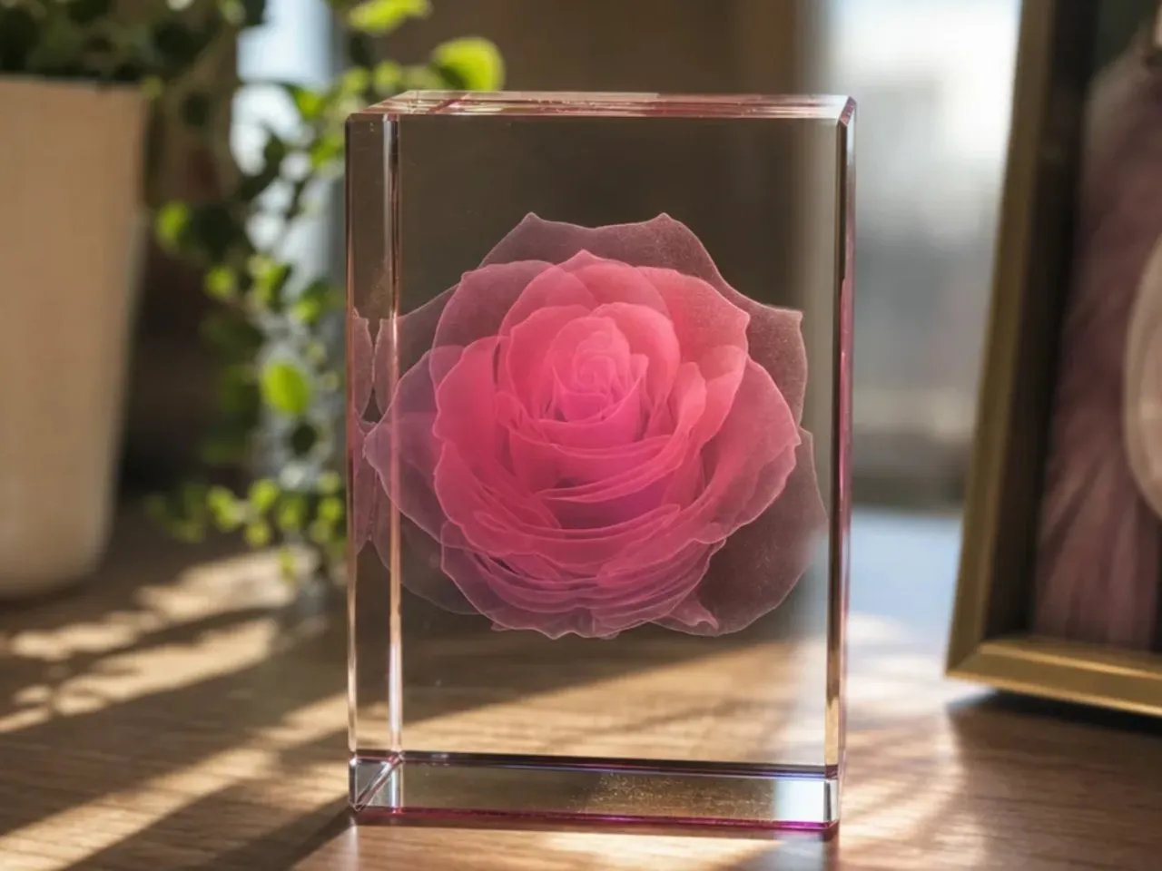 [Laser cut and engrave] Rose Floral Motif Inside Rectangular Glass Block
