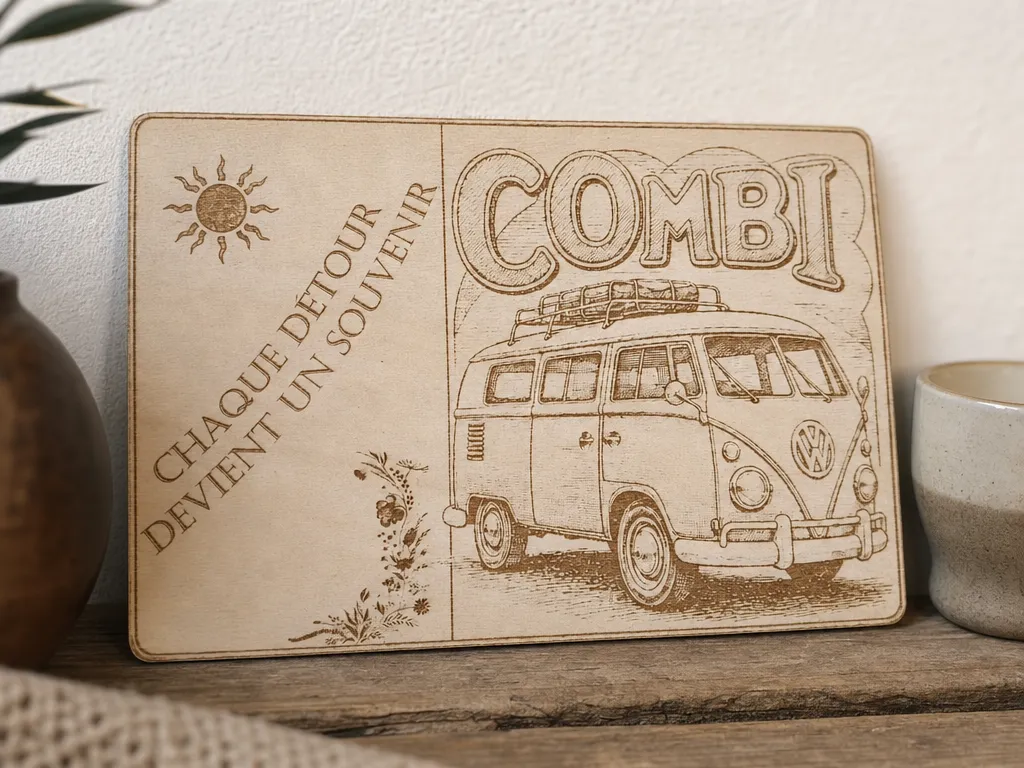 Plaque décorative en bois avec illustration de van Combi vintage
