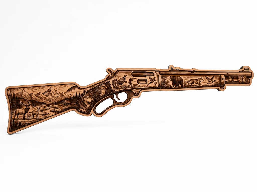 Lever Action Rifle Wall Art with Wildlife and Mountain Landscape Scene -winchester