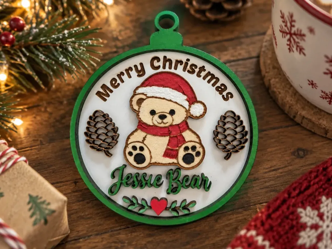 [Laser cut and engrave] Personalized Jessie Bear Christmas Ornament with Santa Hat and Pinecones
