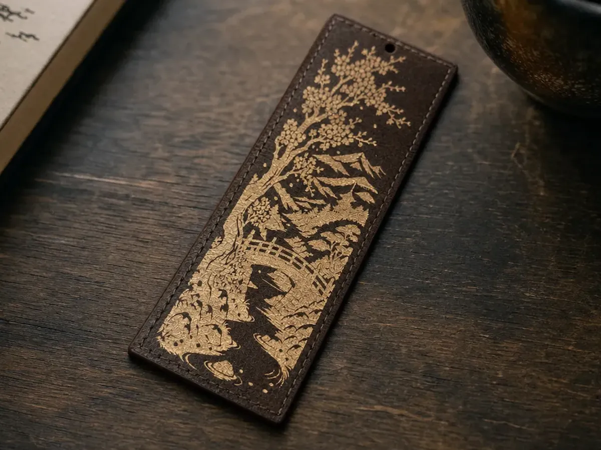 [Laser cut and engrave] Leather Bookmark Featuring Japanese Landscape with Cherry Blossoms and Bridge