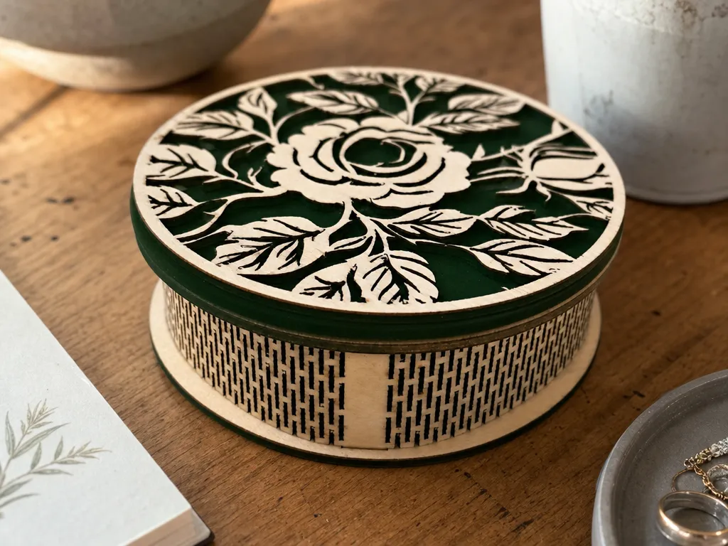 Boîte ronde en bois avec motif de rose sculpté