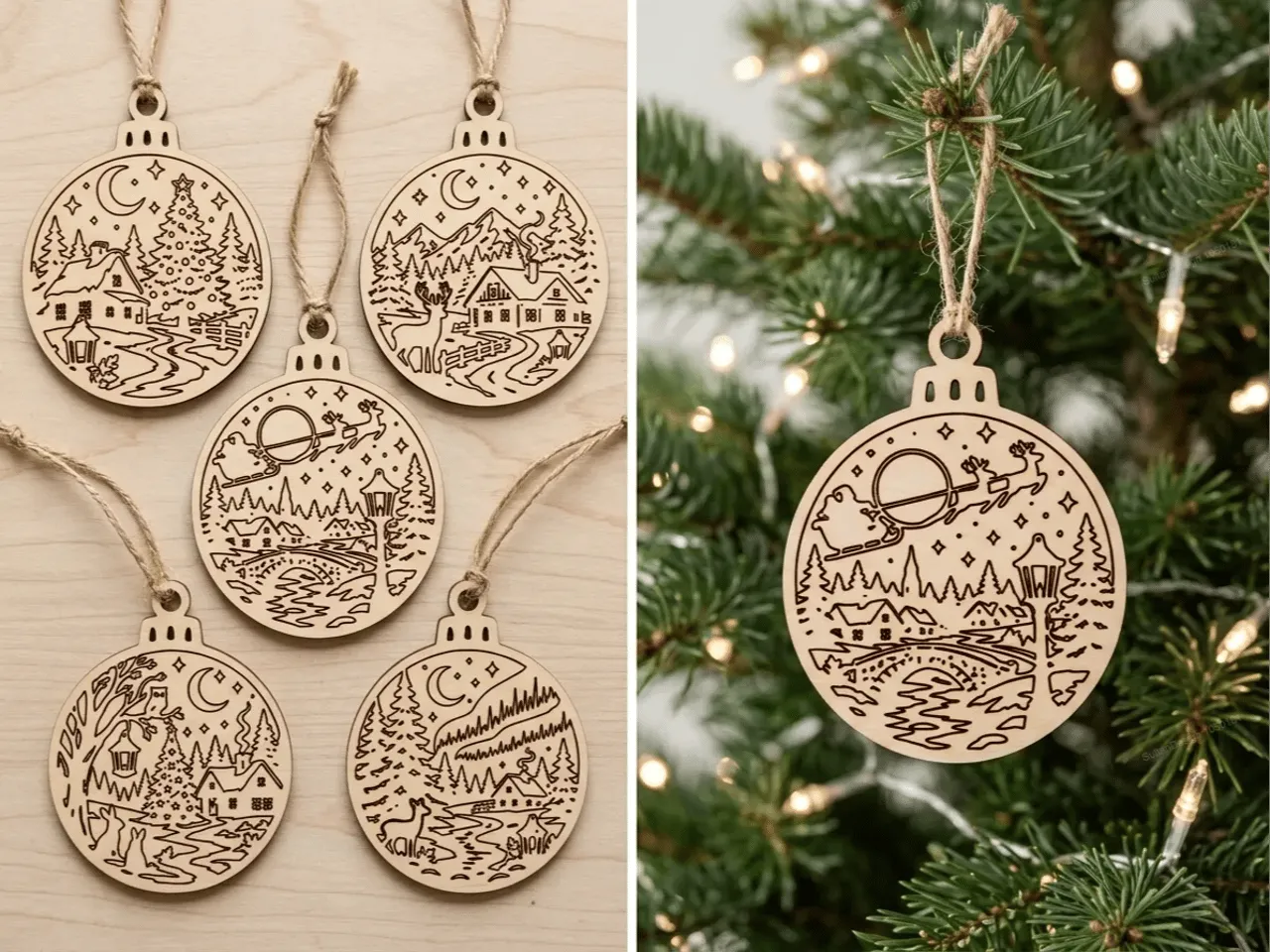 [Laser cut and engrave] Winter Landscape Christmas Ornaments with Santa Sleigh and Forest Scenes