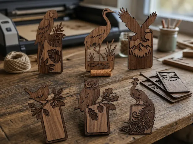 Wooden Animal Themed Bookmarks with Intricate Nature Silhouettes