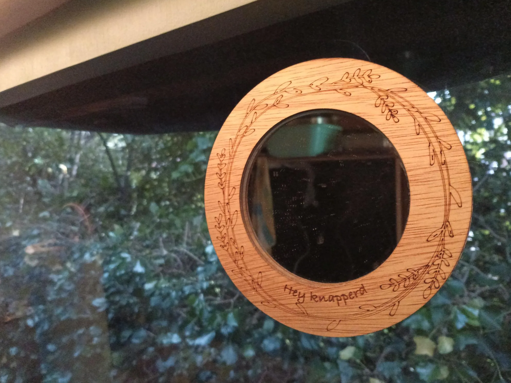 [Laser cut and engrave] Round Wooden Mirror with Floral Border and The Future Is Positive Quote