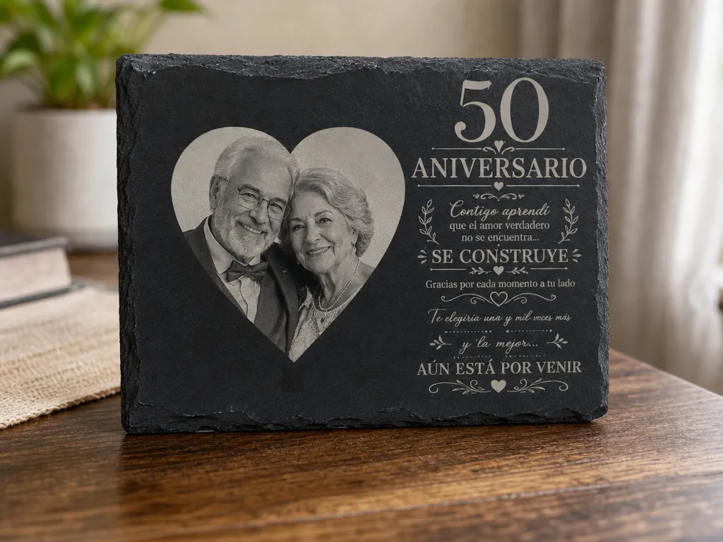 Piedra pizarra negra para grabado láser con foto corazón 50 aniversario.