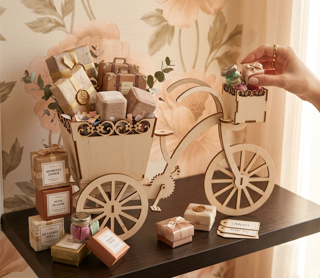 [Laser cut and engrave] Présentoir en bois en forme de vélo avec coffrets cadeaux