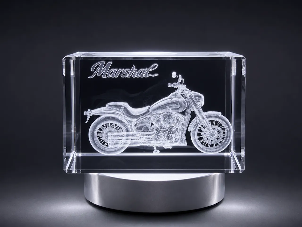 [Laser cut and engrave] Crystal Block Featuring Motorcycle Illustration with Marshal Text