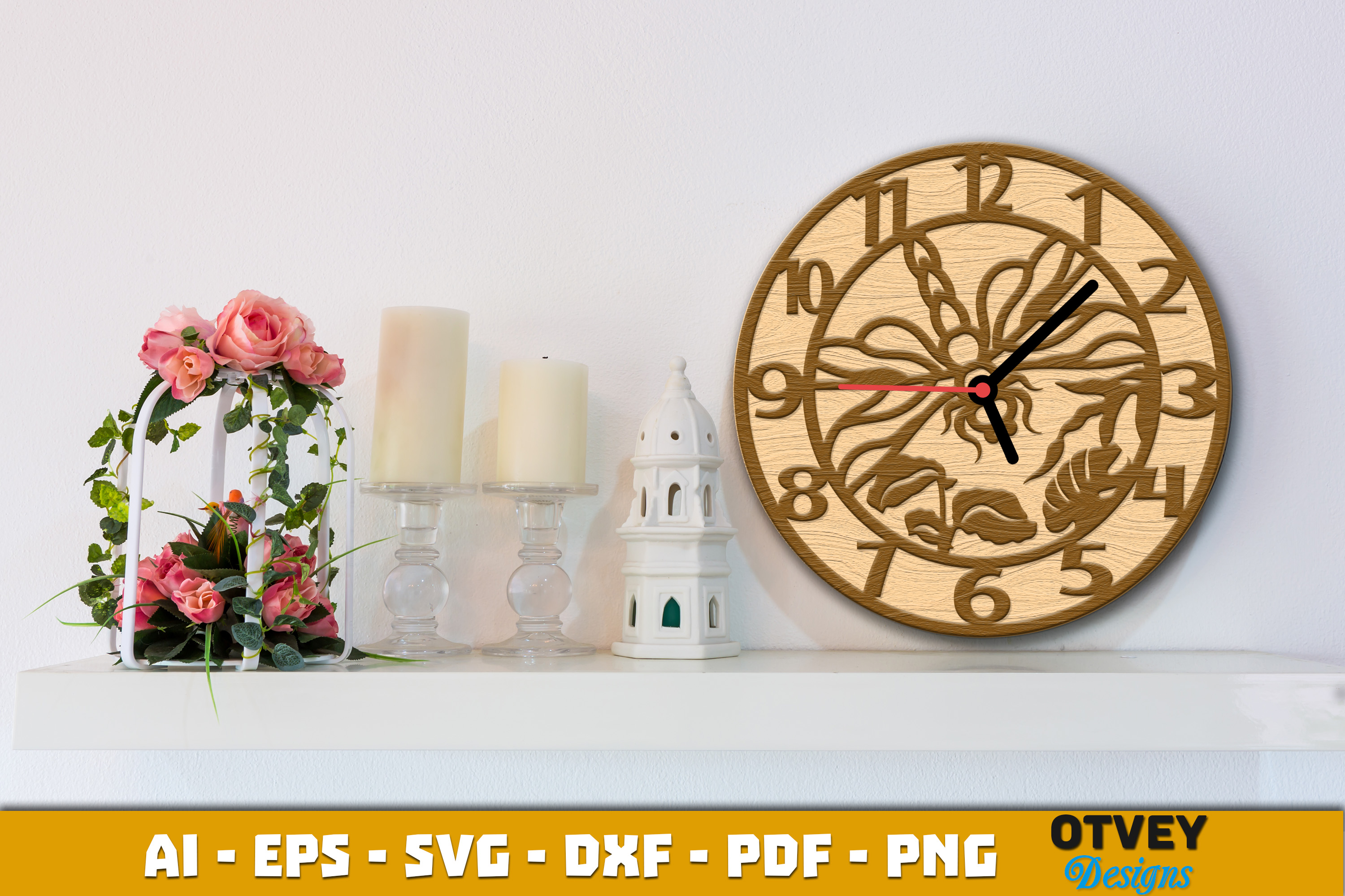 [Laser cut and engrave] Dragonfly Themed Round Wall Clock with Tropical Leaf Patterns