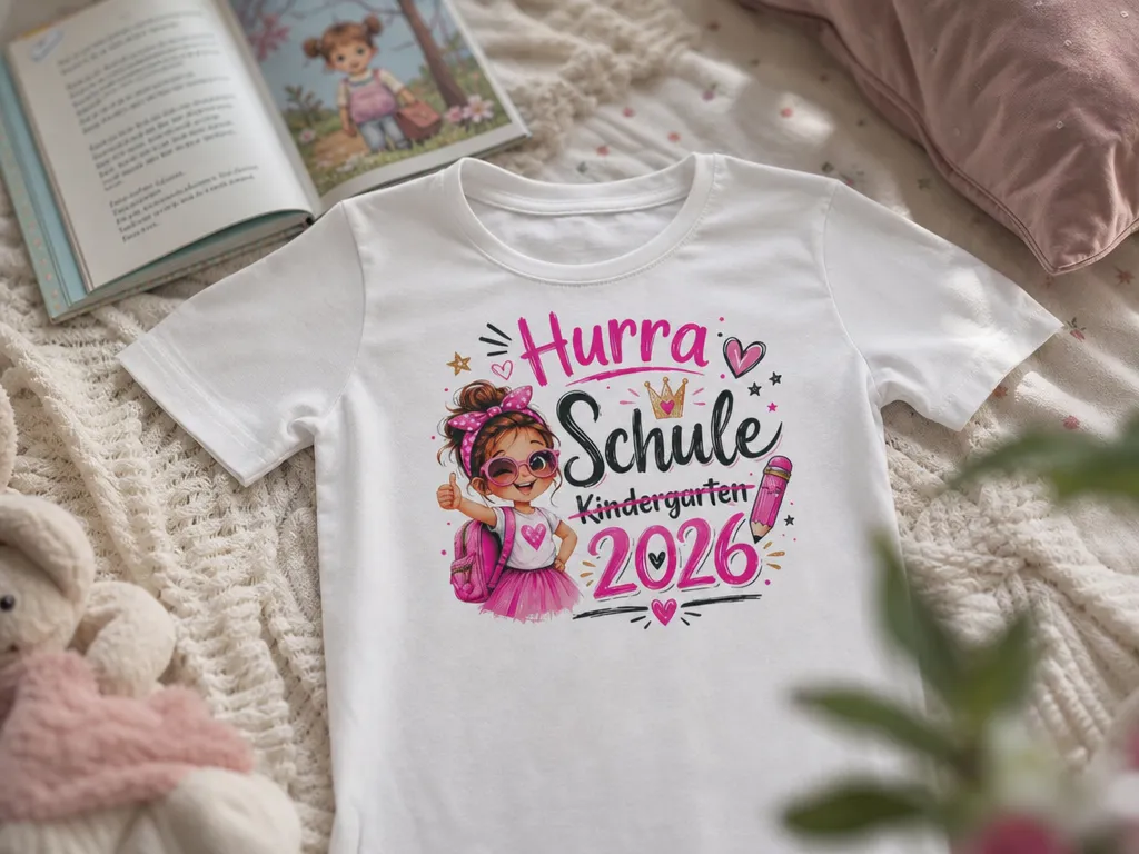 Weißes T-Shirt mit Hurra Schule 2026 Motiv für Schulanfänger