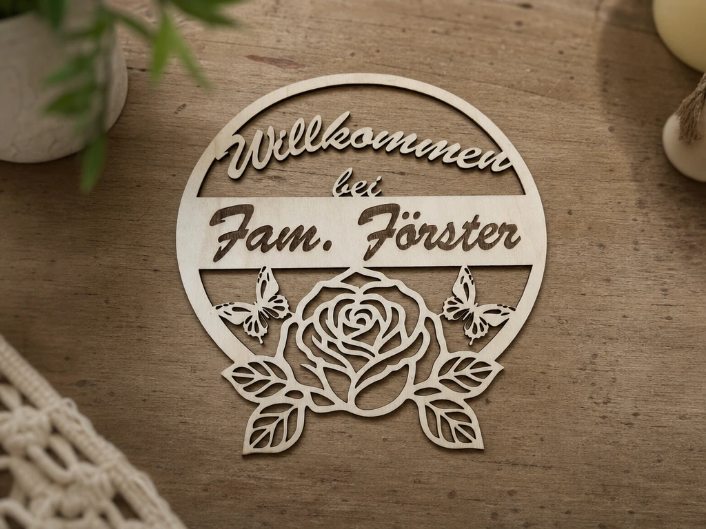 Rundes Türschild mit Willkommensgruß Rose und Schmetterlingen