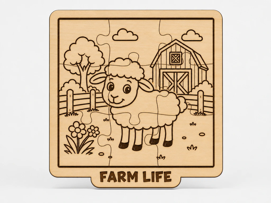 Adorable Sheep Farm Puzzle | Wooden Laser Cut Jigsaw for Kids | Montessori Educational Toy | Farm Animal Coloring Craft | Nursery Gift Idea