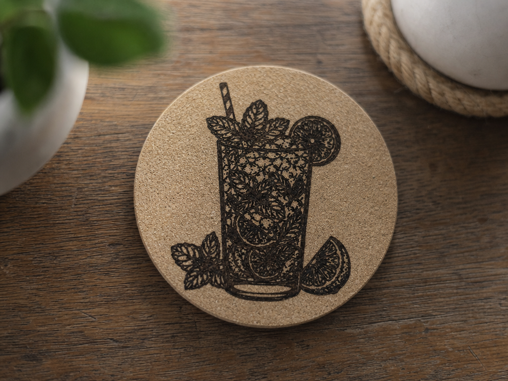 Runder Korkuntersetzer mit Mojito Cocktail Motiv