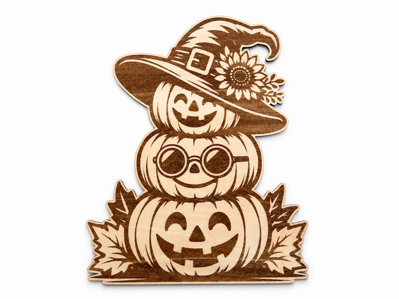 [Laser cut and engrave] Stacked Jack-o'-lantern Pumpkins with Witch Hat and Sunflower