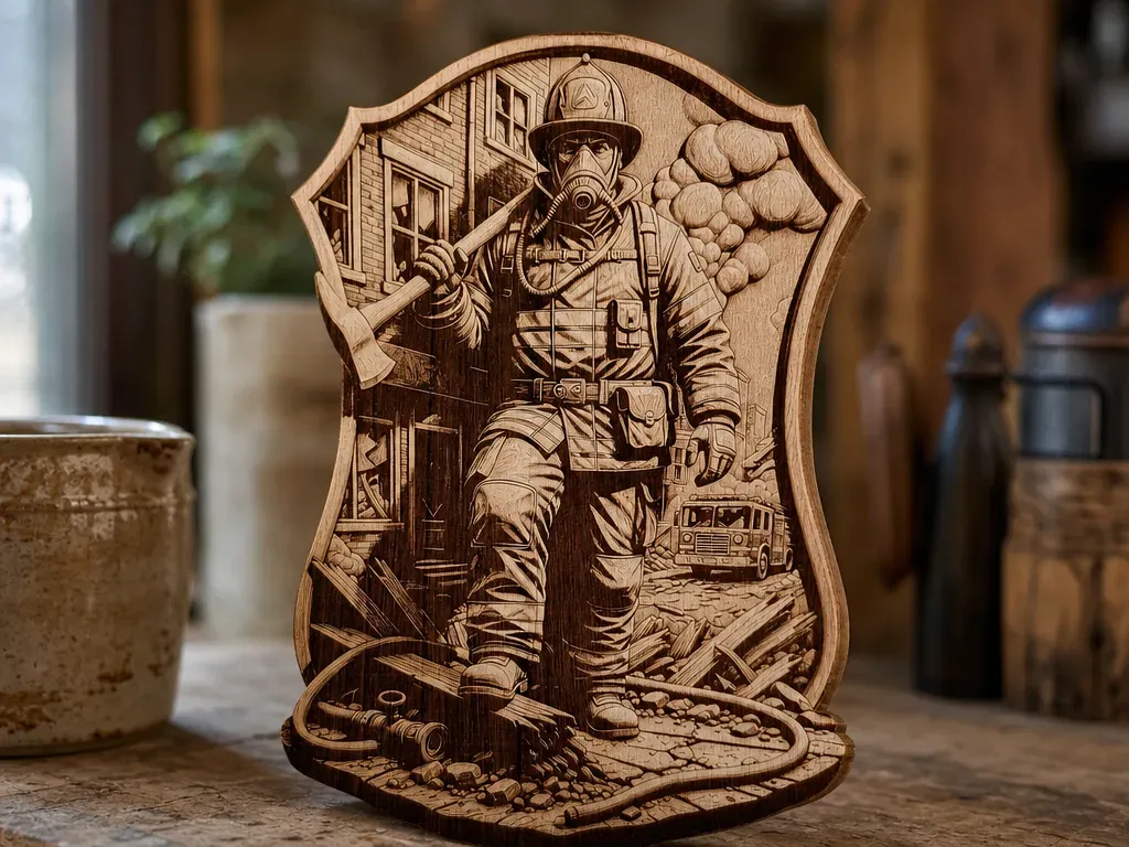 Firefighter 3D plaque on basswood