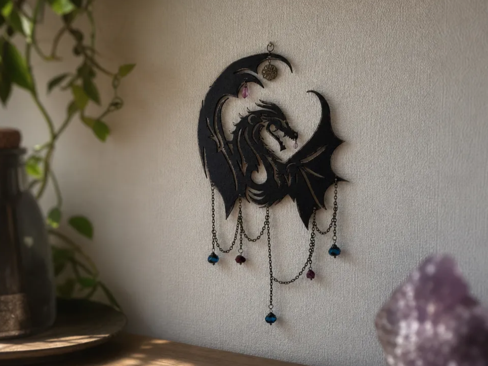 Black Dragon Wall Hanging with Beaded Chain Accents