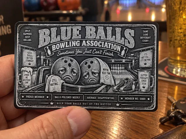 Blue Balls Bowling Association novelty membership card
