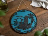 [Laser cut and engrave] Rundes Wandbild mit Strandmotiv Frau Palmen und Sonnenuntergang