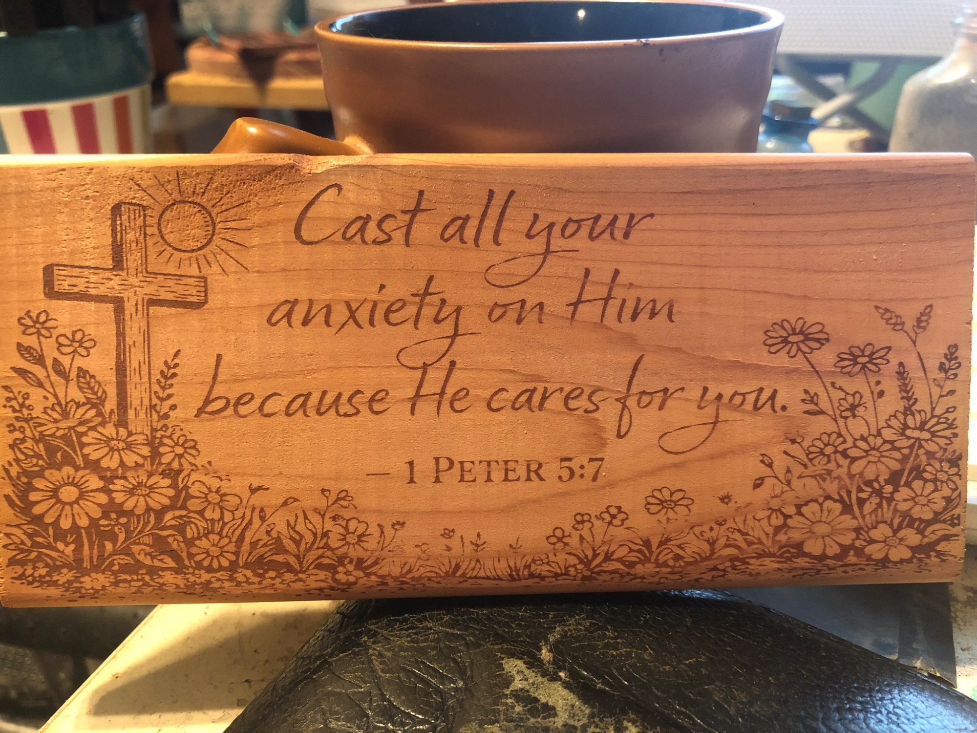 1 Peter 5:7 Bible Verse Wooden Sign with Floral Cross Motif