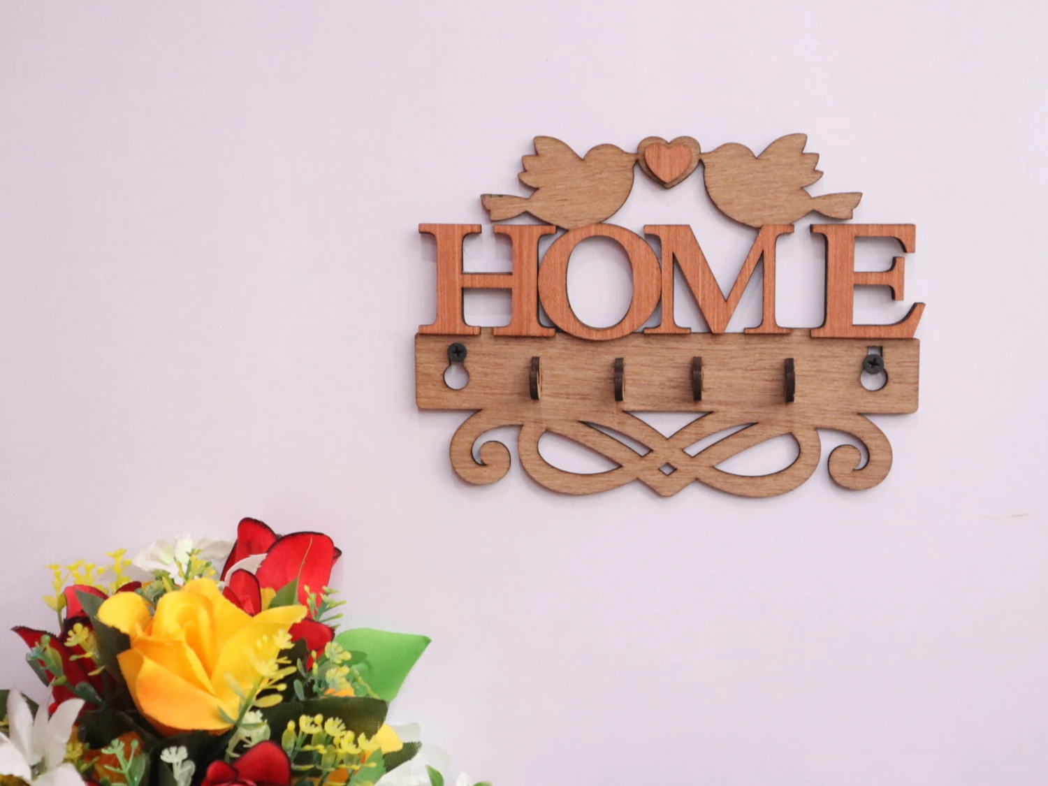 Wooden Home Wall Key Holder with Bird and Heart
